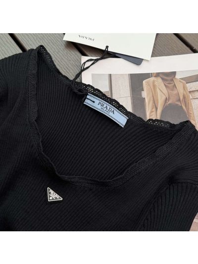 Prada Bell Sleeve Lace Knit Top in Black