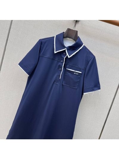 Prada Contrast-Trim Button-Front Dress in Navy