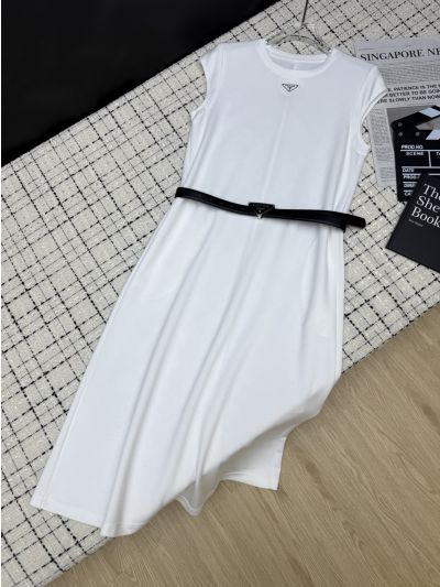 Prada Crew Neck Belted Dress in White and Black
