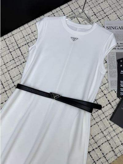 Prada Crew Neck Belted Dress in White and Black