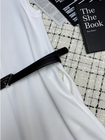 Prada Crew Neck Belted Dress in White and Black