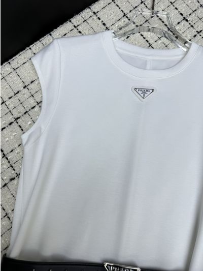 Prada Crew Neck Belted Dress in White and Black