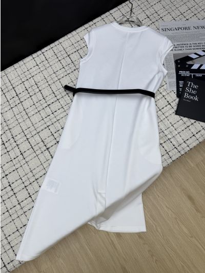 Prada Crew Neck Belted Dress in White and Black