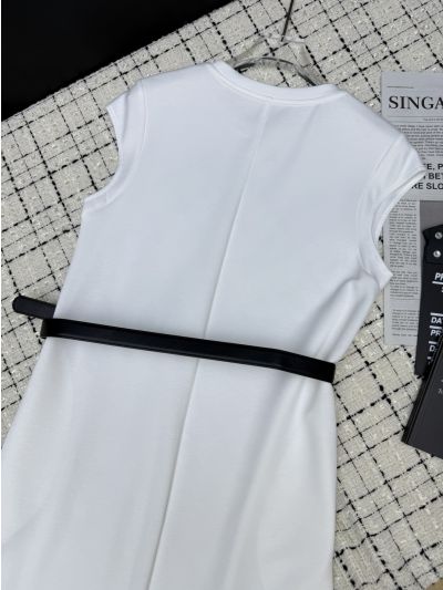 Prada Crew Neck Belted Dress in White and Black