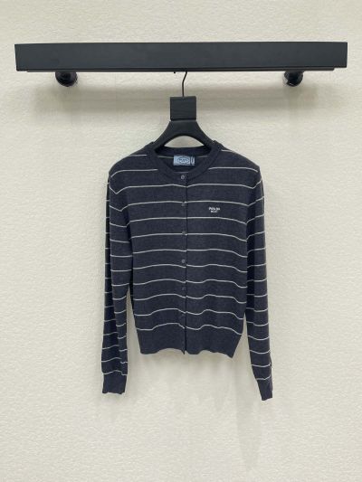 Prada Embroidered Button-Front Cardigan in Navy and White