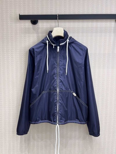Prada Long Sleeve Contrast-Trim Coat in Navy
