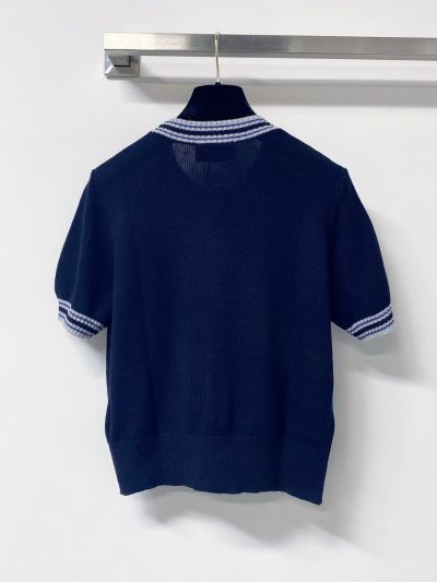 Prada Short Sleeve Contrast-Trim Knit Top in Navy and White