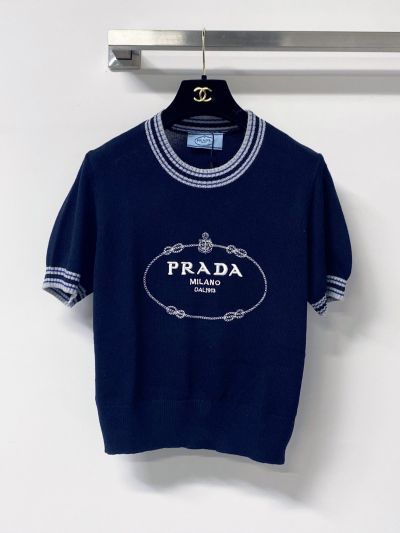 Prada Short Sleeve Contrast-Trim Knit Top in Navy and White