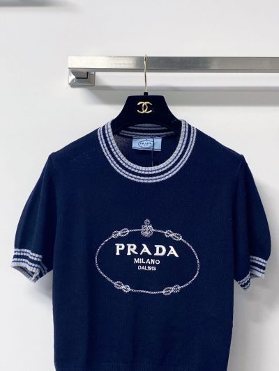 Prada Short Sleeve Contrast-Trim Knit Top in Navy and White