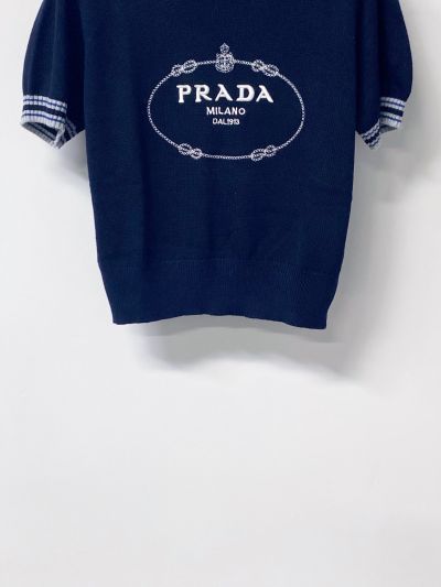 Prada Short Sleeve Contrast-Trim Knit Top in Navy and White