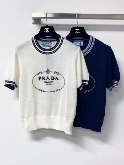 Prada Short Sleeve Contrast-Trim Knit Top in Navy and White