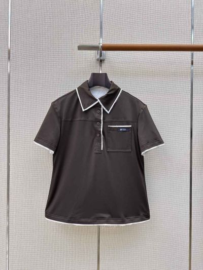 Prada Short Sleeve Contrast-Trim Top in Brown