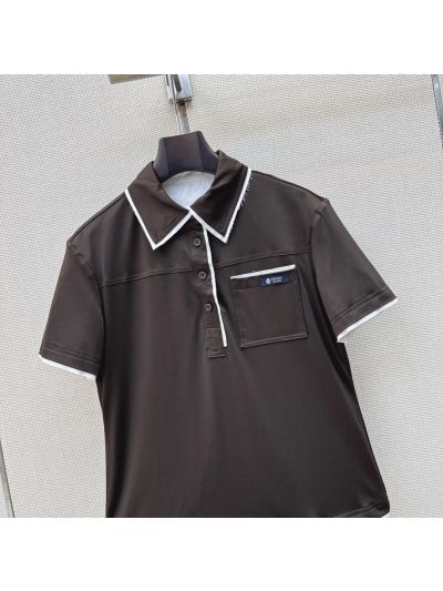 Prada Short Sleeve Contrast-Trim Top in Brown