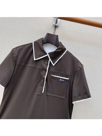 Prada Short Sleeve Contrast-Trim Top in Brown
