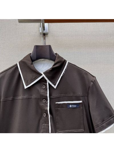 Prada Short Sleeve Contrast-Trim Top in Brown