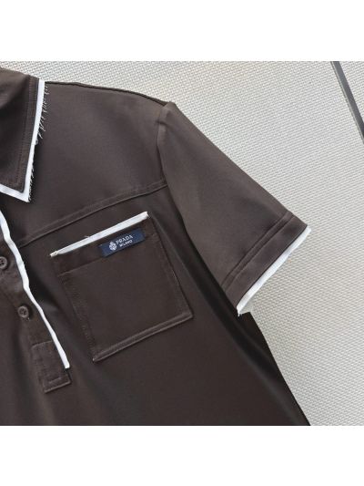 Prada Short Sleeve Contrast-Trim Top in Brown
