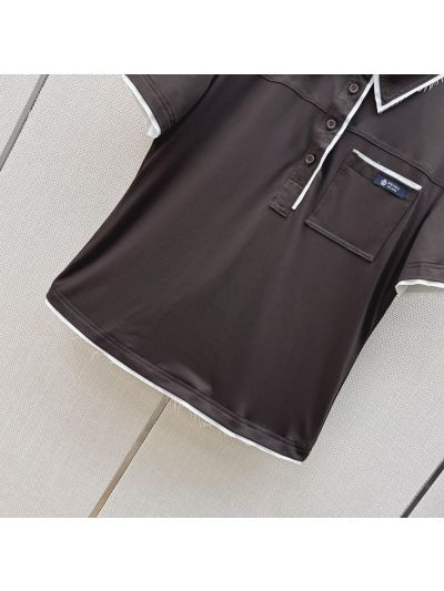 Prada Short Sleeve Contrast-Trim Top in Brown