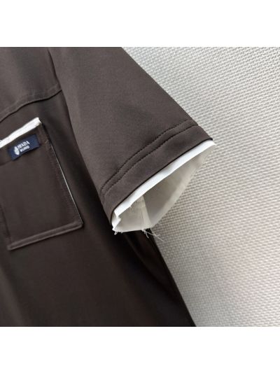 Prada Short Sleeve Contrast-Trim Top in Brown