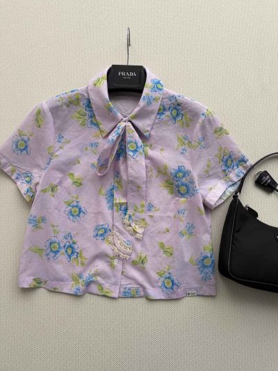 Prada Short Sleeve Lace Shirt in Multicolor