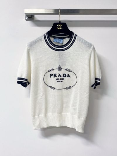 Prada Short Sleeve Silk Knit Top in White and Navy