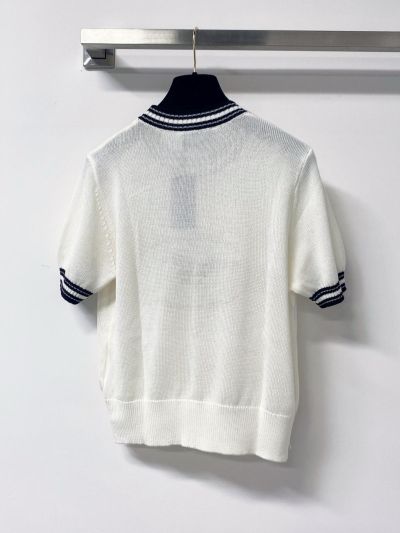 Prada Short Sleeve Silk Knit Top in White and Navy