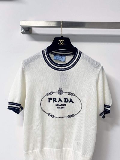 Prada Short Sleeve Silk Knit Top in White and Navy