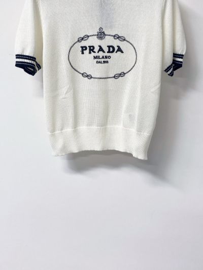 Prada Short Sleeve Silk Knit Top in White and Navy