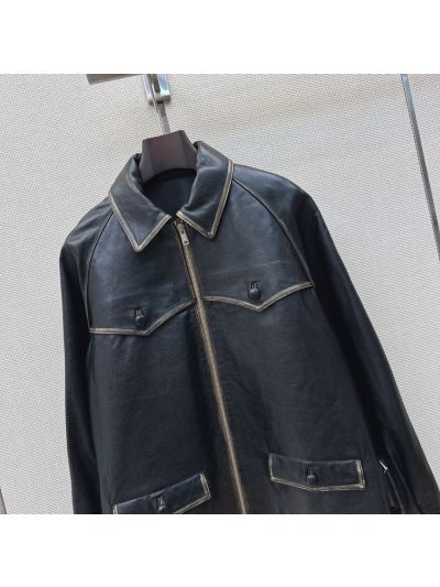 Prada Turn-Down Collar Lambskin Jacket in Navy