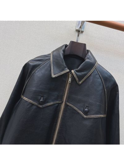 Prada Turn-Down Collar Lambskin Jacket in Navy