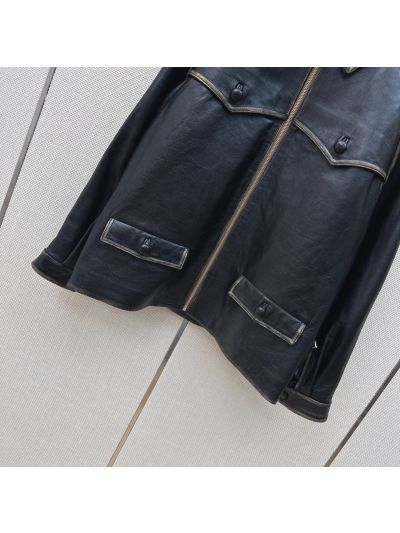 Prada Turn-Down Collar Lambskin Jacket in Navy