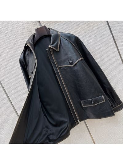 Prada Turn-Down Collar Lambskin Jacket in Navy