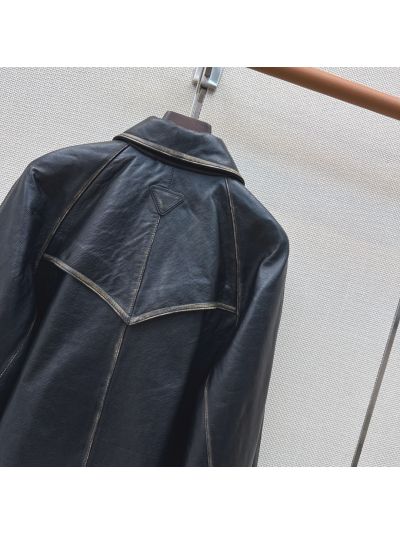 Prada Turn-Down Collar Lambskin Jacket in Navy