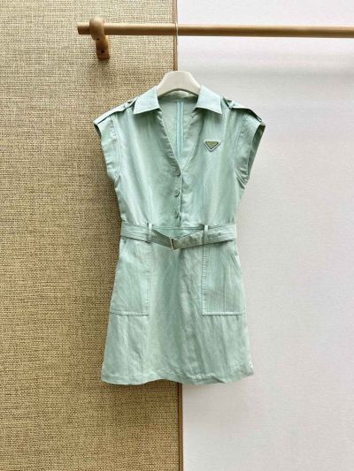 Prada Turn-Down Collar Linen Dress in Light Green