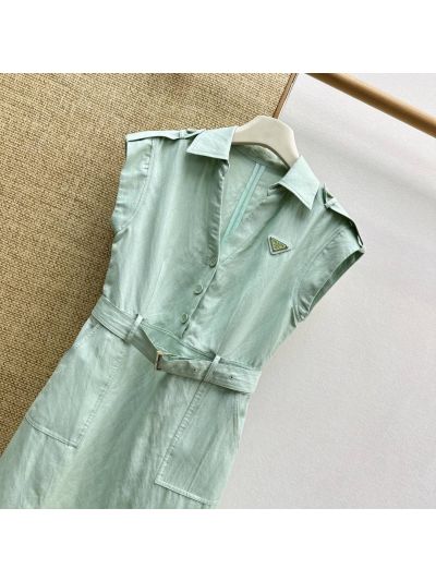 Prada Turn-Down Collar Linen Dress in Light Green