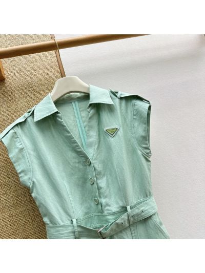 Prada Turn-Down Collar Linen Dress in Light Green