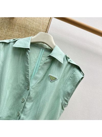 Prada Turn-Down Collar Linen Dress in Light Green