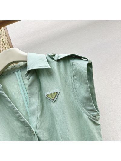 Prada Turn-Down Collar Linen Dress in Light Green