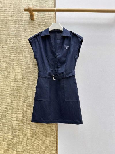 Prada Turn-Down Collar Linen Dress in Navy