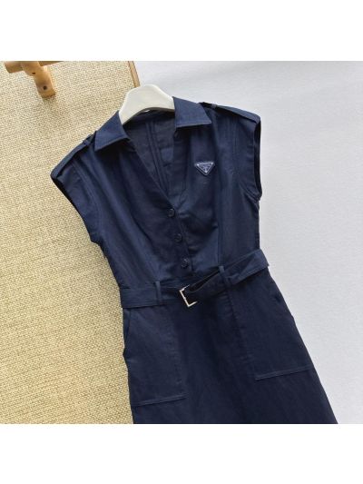 Prada Turn-Down Collar Linen Dress in Navy