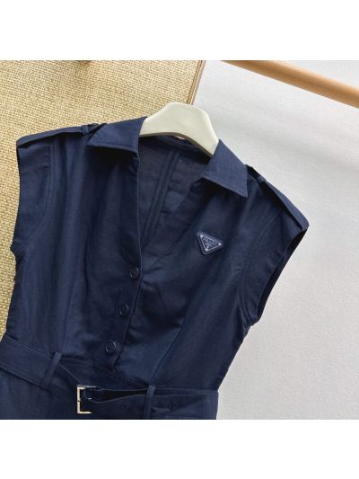 Prada Turn-Down Collar Linen Dress in Navy