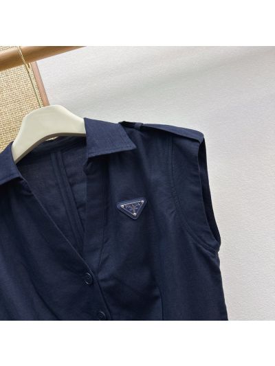 Prada Turn-Down Collar Linen Dress in Navy