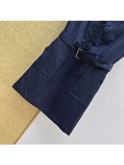 Prada Turn-Down Collar Linen Dress in Navy