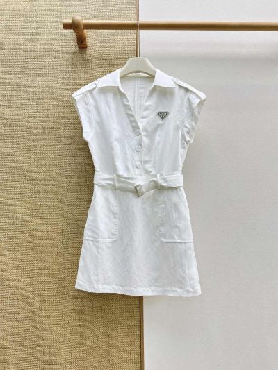 Prada Turn-Down Collar Linen Dress in White