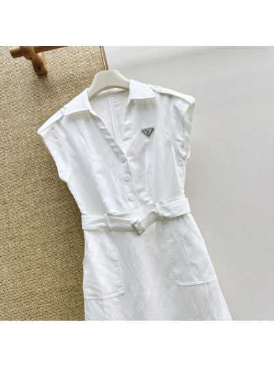 Prada Turn-Down Collar Linen Dress in White