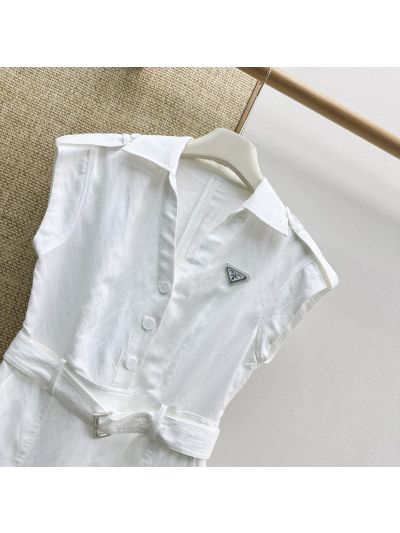 Prada Turn-Down Collar Linen Dress in White