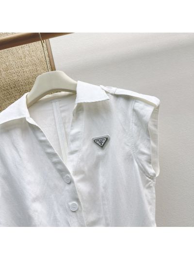 Prada Turn-Down Collar Linen Dress in White