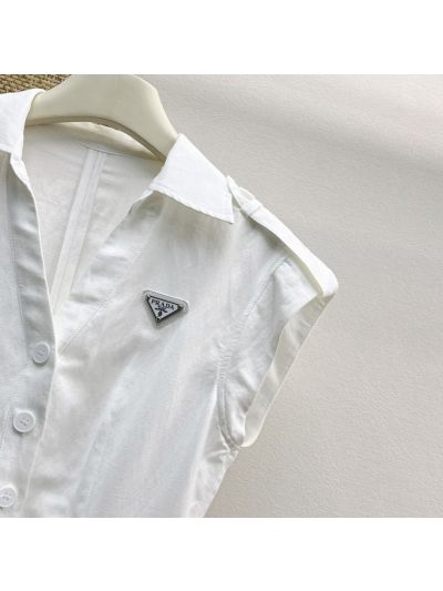Prada Turn-Down Collar Linen Dress in White