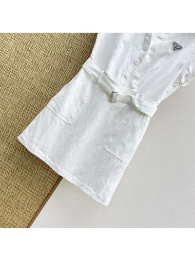 Prada Turn-Down Collar Linen Dress in White