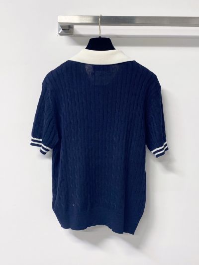 Prada Turn-Down Collar Short Sleeve Knit Top in Navy and White