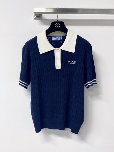 Prada Turn-Down Collar Short Sleeve Knit Top in Navy and White